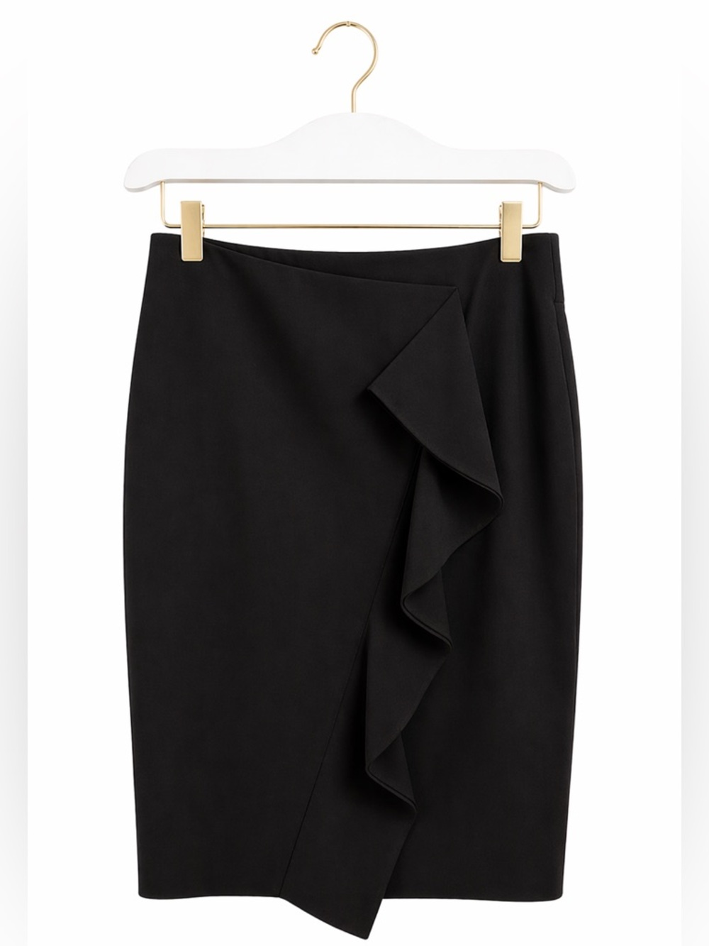 J.Crew Black Ruffle Pencil Skirt Size 12 Elegant Faux‎ Wrap Midi Career Office